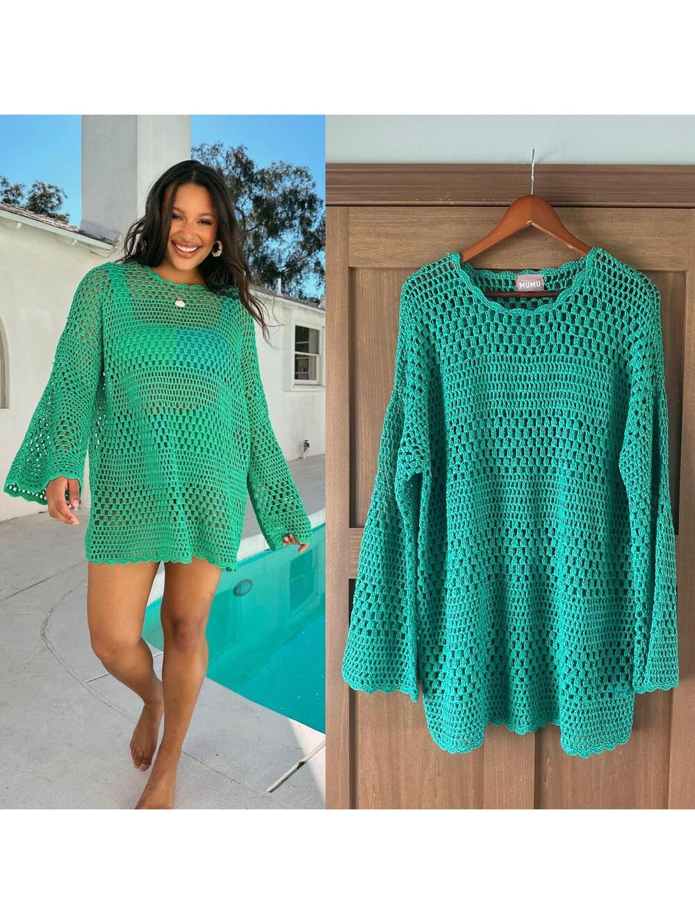 Show Me Your MuMu Paula Sea Green Crochet Knit Pullover Swim Cover Women’s Small